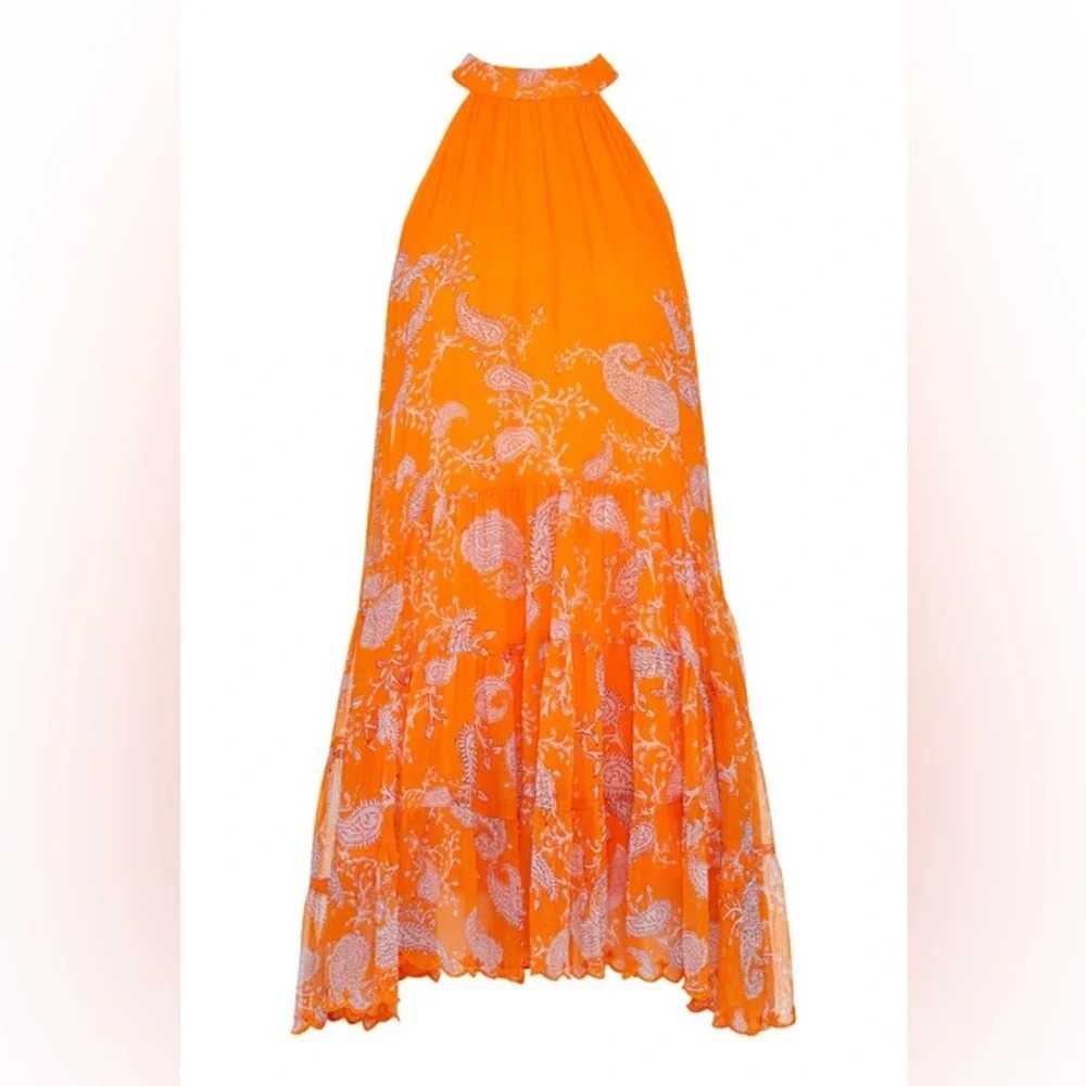 NWT Hemnant & Nandita Paisley Bela Halter Neck High Low Mini Dress Orange Candy - Picture 3 of 13